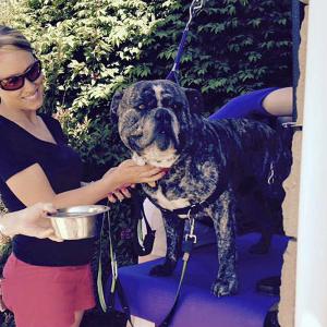 Becky Lowe and her dog Boston at the Nail Clipping station. (Courtesy of Joan Vargas)