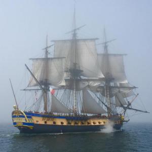 The replica French frigate ‘Hermione’ is currently on the backside of Islesboro, headed toward Castine, with a flotilla of other vessels sailing around and alongside the vessel. As seen on the marinetraffic.com website, Hermione is currently in good company: Gizmo, schooners Bowdoin, Mary Day and American Eagle are all there, as are Thistle, Hannah Snell, Lynx, Too Elusive and Mermaid. Headed in their direction are More Magic, Oreol and Rising Wind. What a time to be on the water! (Photo by Lynda Clancy)