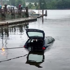 The Volkswagen station wagon was completely submerged in Belfast Harbor. (Photo courtesy Sgt. Matthew Cook, Belfast Police Department)