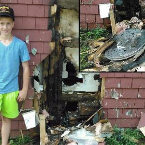 Quick-thinking Lincoln Graf,12, of Searsmont, stands by debris caused by a fire he extinguished at his house Wednesday afternoon. Inset: The aluminum pot lid that is thought to have caused the fire when sun beating on it reflected onto the cedar shingles and caught fire. (Courtesy Searsmont Fire Department)