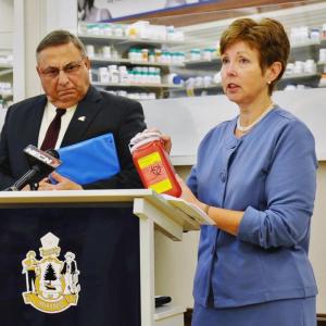 Patricia Aho, right, with Gov. Paul LePage at an event. (Boothbay Register file photo)