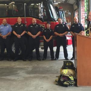 Rockland firefighters remember, at the station, on Sept. 11. From left to right: Acting Fire Chief Adam Miceli with Lt. Rick Johnson, Brian Sullivan, Katy Vanorse, Rusty Barnard, Pat Lowe and Chris Whytock. (Photo by Lynda Clancy)