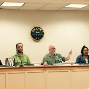 Rockport Town Manager Rick Bates, with Rockport Select Board members Geoffrey Parker, Ken McKinley, Chairman William Chapman, Tracy Murphy and Owen Casas. (Photo by Lynda Clancy)