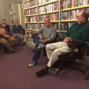 Wiscasset worm digger David Cronk, left, holding a worm hoe, and Wiscasset Shellfish Committee member Dick Forrest appear at a Friends of the Library talk Oct. 28 at Wiscasset Public Library. SUSAN JOHNS/Wiscasset Newspaper David Cronk, Dick Forrest