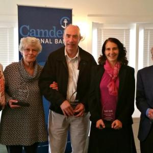 Five nonprofit leaders were honored at the 2015 Leaders & Luminaries Event Nov. 5. Pictured left to right: Lynn Gierie, Robbie Foundation; Catherine Powers, Bath Housing; William I. Branch, Kennebec Behavioral Health; Rebekah J. Smith, Maine Women’s Policy Center; and Harris (Pete) Bixler, Bay Chamber Concerts. (Photo Provided by Camden National Bank)