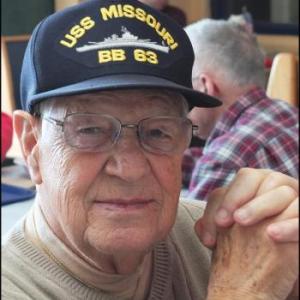 Bill Deptula served on the USS Missouri in 1948. He said he was not part of the signing of the treaty ending the war that took place on the famous ship, but he was in the spot where it happened. This photo was taken at the Camden Hills Regional High School National Honor Society’s Veterans Day breakfast in 2014. (Photos by Chris Wolf)