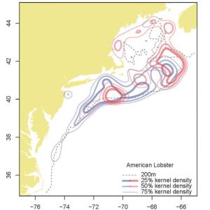 A kernel density plot showing change in distribution of American lobster from the 1970s (blue) to the current period, 2013-2015 (red). Credit: Kevin Friedland, NEFSC/NOAA