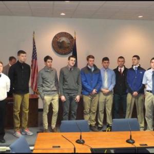 The Oceanside Mariners basketball team receive a commendation form the Rockland City Council on Monday. (Photos by Chris Wolf)