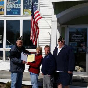 Joe and Ginny Ryan of Adventure Advertising receive a certificate of recognition from Frank Carr, Commander of the American Legion Post No. 30 in Camden and Jeff Sukeforth, Post Adjutant. (Photo by Sarah Shepherd)