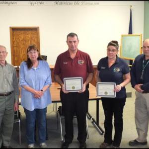 Knox dispatchers receive commendations from Knox County Commissioners. L to R: Rick Parent Jr., Roger Moody, Carol Maines, John Gamage, Melissa Simmons, Linwood Lothrop and Camden Fire Chief Chris Farley. (Photos by Chris Wolf)