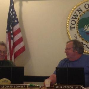 Camden Select Board members Leonard Lookner and John French, April 19. (Photo by Lynda Clancy)