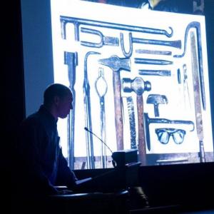 Blacksmith Noah Bly giving a PechaKucha presentation at the Owls Head Transportation Museum. (Photo courtesy Midcoast PechaKucha)