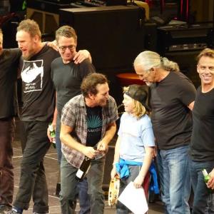 Noah Keeley of Bar Harbor on stage in Quebec City with members of Pearl Jam. (Courtesy Sarah Keeley’s Facebook page)