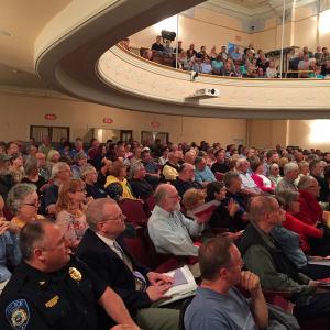 The 2016 Camden Town Meeting will go down in the record books as being as popular as town meetings used to be in the 1970s and 1980s, with the Camden Opera House filling to near-capacity Wednesday night, June 15. (Photo by Holly S. Edwards)