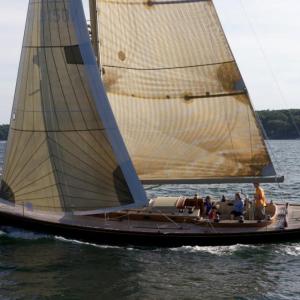 The Hoi An, designed by Stephen Waring Yacht Design and racing in the Spirit of Tradition Class. (Photo courtesy Alison Langley)