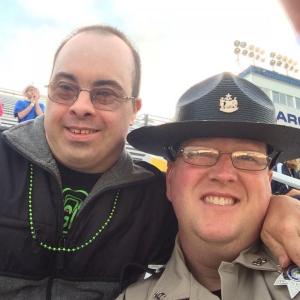 Justin Hills and Shane, an athlete representing Coastal Opportunities, at the opening ceremonies for the Special Olympics summer games at the University of Maine. (Photo by Justin Hills)