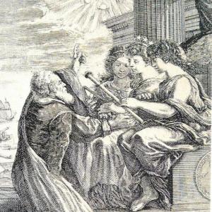 Galileo mostra i pianeti Medicei alle allegorie dell’Ottica, dell’Astronomia e della Matematica. Galileo Galilei, published in Opere, Bologna, 1656. (https://commons.wikimedia.org/wiki/File:Galileo_Galilei_showing_medicean_planets.jpg)