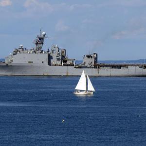 The U.S. Navy ship ‘USS Oak Hill’ (LSD 51) passing Owls Head on its way into Rockland Harbor around 3:15 p.m. on Aug. 2. The sailboat ‘Bufflehead,’ a 32-foot wooden gaff sloop, is in the foreground. (Photo courtesy Bob Trapani)
