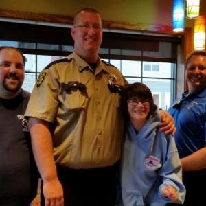 The annual “Tip-a-Cop” fundraising event for Special Olympics was held Aug. 16 at Applebees in Thomaston. Some of the “celebrity” waiters included, left to right, Sean Wallace, Thomaston EMT, Justin Hills, Knox County Sheriff’s Office Deputy, Sam Herring, Special Olympics athlete, Rusty Barnard, Thomaston Paramedic and EMS Chief and Lena Wallace, Thomaston EMT. (Photo by Sarah Shepherd)