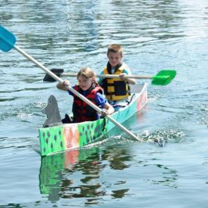 Team Pesky Pirates, with Capt. Brooklyn Rollins and crewman Michael Rollins, brother and sister from Camden, won first place in Sunday’s Build-a-Boat Race during the annual Camden Windjammer Festival, held Labor Day weekend, Sept. 2-4. (Photo by Holly S. Edwards)