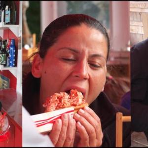 Steve Walter, of Green Bay, Wisconsin; Carmy Koutroules, of Connecticut; and Andres Diaz, from Venezuel,a all enjoy lobster on National Lobster Day. (Photos by Chris Wolf)