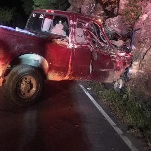 The driver, Brian Lynch, 33, was able to extricate himself from his crushed pickup Monday night, at approximately 9 p.m. (Photo courtesy Ryan Fisher/Camden Fire Department)