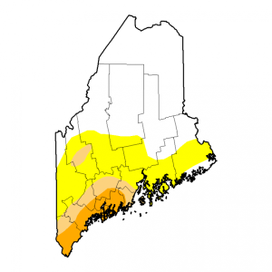 According to the U.S. Drought Monitor, the bright yellow area signifies abnormally dry; the light tan means moderate drought and the darker tan signifies severe drought.