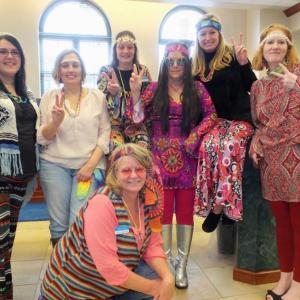 It was a hippie theme at the downtown branch of Camden National Bank. Love children from the 60s are Jillian Reid, Wendi Ashey, Amy Pierce, Jessica Humphrey, Jodi Landrith, Regina Whitney and Tamara Hooper. If you go there, be sure to wear some flowers in your hair. (Photos by Chris Wolf)