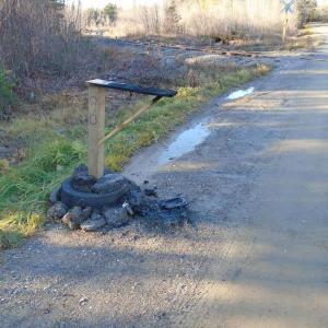 One of the burned mailboxes. (photo courtesy of the Waldo County Sheriff’s Office)