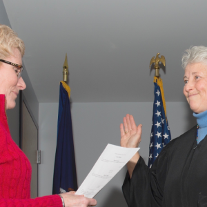 Susan Longley, right, takes the oath to serve as Waldo County Judge of Probate. Presiding as dedimus justice is Janine F. Laveway of Belfast, left.
