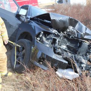 The Dodge pickup truck Patrick Gasperini of Vinalhaven was driving Jan. 17, after he reportedly suffered a medical issue, crash into a tree and rolled down an embankment on the island. He succumbed to his injuries that night at Pen Bay Medical Center. (Courtesy Knox County Sheriff’s Office)