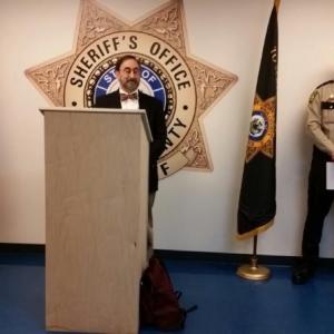 Ira Mandel, of the Mid-Coast Recovery Coalition and Knox County Sheriff Chief Deputy Tim Carroll, speak at a press conference March 17 at the Knox County Sheriff’s Office about introducing a re-entry program for inmates at the Knox County Jail. Not pictured are Sheriff Donna Dennison, Jail Administrator Maj. John Hinkley and Lt. Cynthia Gardner who also spoke at the press conference. (Photo by Sarah Shepherd)