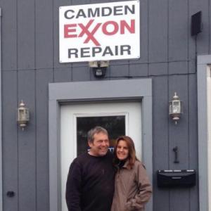 Steve and Jackie Laite in front of their Camden Exxon business at 1 Union St. in Camden. (Photo by Lynda Clancy)