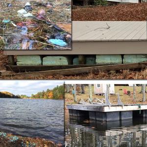 Clockwise from top left: Polystyrene debris along the Megunticook River; An eco‐unfriendly dock with deteriorating, unencapsulated polystyrene floats and rotting wood below the waterline; A well‐constructed, eco-friendly dock with encapsulated polystyrene floats and no wood below the water line; and polystyrene debris lining the shore of Megunticook Lake, at the Route 105 boat launch.
.