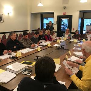 Camden Budget Committee members present at the April 20 meeting included: Edward Collins, Tia Anderson, Paul Cavalli, Don Foster, Etienne Perret, Kathy Young, Tammy Ballou, Kate Bates, Jean Freedman-White (chair), Ronald Vonosdol, Jean Burleson, Alison McKellar, Nancy Laite, Kristen Lindquist, Bruce Malone, Leamon Scott, Morgan Laidlaw, James Francomano, Richard Gross. (Photo by Holly S. Edwards)