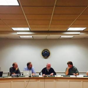 Rockport Select Board, in March. From left to right, Town Manager Rick Bates with members Geoff Parker, Ken McKinley, Bill Chapman, Brendan Riordan and Owen Casas. (Photo by Lynda Clancy)