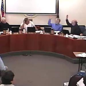 The Camden Select Board, from left, Don White, John French, Marc Ratner and Jim Heard, finally reach a unanimous decision on the FY18 budget, but due to a split in their real support, are sending in to the voters at town meeting on June 14 to make the final decision.