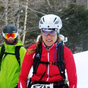 Jayme Okma Lee carries on through Mount Washington’s tough spring weather during the Tuckerman’s Inferno Pentathlon. (Photo courtesy of Jayme Okma Lee)
