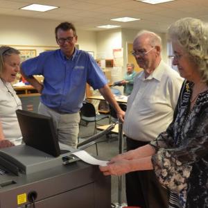 Rockport’s Deputy Moderator Marieta Wheaton, Bob Duke, Herb Annis and Town Clerk Linda Greenlaw begin the count.