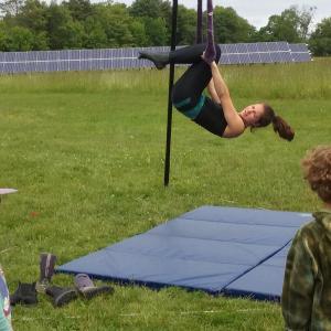 Sophia Martel, an assisting coach, gives a demonstration on the trapeze. (Photo courtesy Sellam Circus School)
