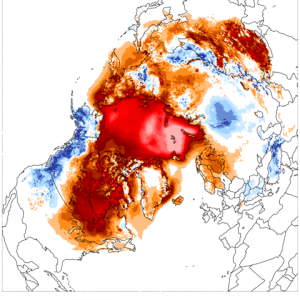 The colors in the image represent where more (blue) or fewer (red) freezing degree days accumulated between Nov. 1, 2016 and March 31, 2017, compared to the average for the period 1979-2000. One freezing degree day equals one day when the mean temperature is 1 degree below freezing. Temperature units are in Celsius. From National Centers for Environmental Prediction Climate Forecast System Reanalysis