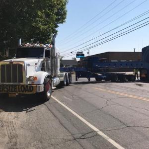Traffic was halted on Route 1 in Searsport on Wednesday, August 2 when a windmill component on a trailer became stuck, blocking the road.