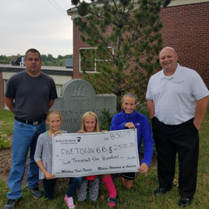 Pictured receiving the donation to benefit Five Town Basketball are, from left, President Juan Alcala and athletes Mattie Luce, Kirsten and Leah Jones, and Modern Woodmen financial representative C. Dennis Crockett. (Photo courtesy of Juan Alcala)
