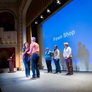 Doing an improv short-form game called Four Corners for their Pecha Kucha presentation Nov. 10. (Photo courtesy Michael O’Neil)
