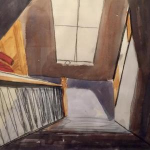 ‘Criehaven Interior Watercolor’ and charcoal on paper, (c) 1984, 19×22 1/2.
