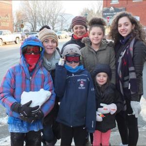 James, Sarah, Soren, Vivienne and Terri Lemieux. Stella and Lola Browning. All are from the Belfast area. Layers and layers and layers are the secret to staying warm.