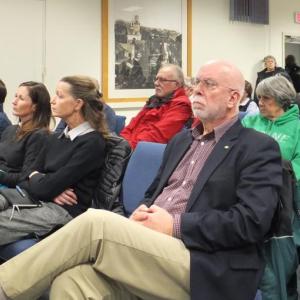 Gordon Page (right), of Rockland Main Street, followed by Rockland City Councilors Lisa Westkemper and Amilia Madjik listen intently to Wednesday’s presentation concerning train service to Rockland.