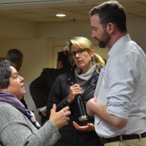 School Administrative District 28 Superintendent Maria Libby, board member Elizabeth Noble, of Camden, and Michael Mullins speak after the Jan. 10 meeting concludes. (Photo by Lynda Clancy)