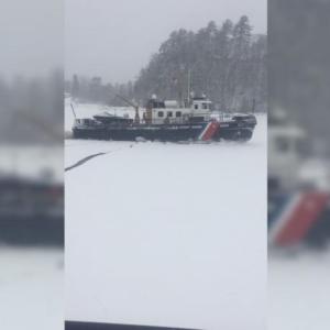 Coast Guard Cutters Bridle and Tackle break ice on the Penobscot River, Wednesday, Jan. 17, 2018 in Maine. The Bridle and Tackle are 65-foot Small Harbor Tugs capable of breaking up to 12 inches of ice. (U.S. Coast Guard video)