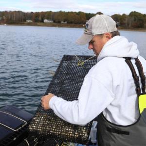 Chebeague fishermen and former ABD participant Jeff Putnam works on oyster cages. After going through the program in 2016, Putnam started an oyster-growing business with his family.
